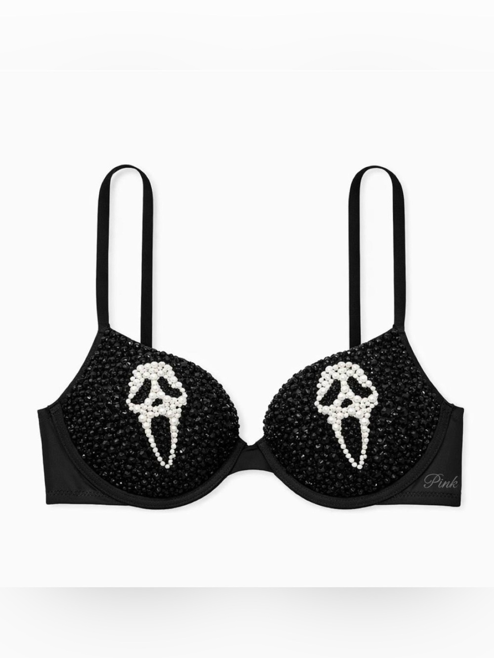 32DD Ghost Face Design Black White Crystal Glam Horror Theme Bra Top
